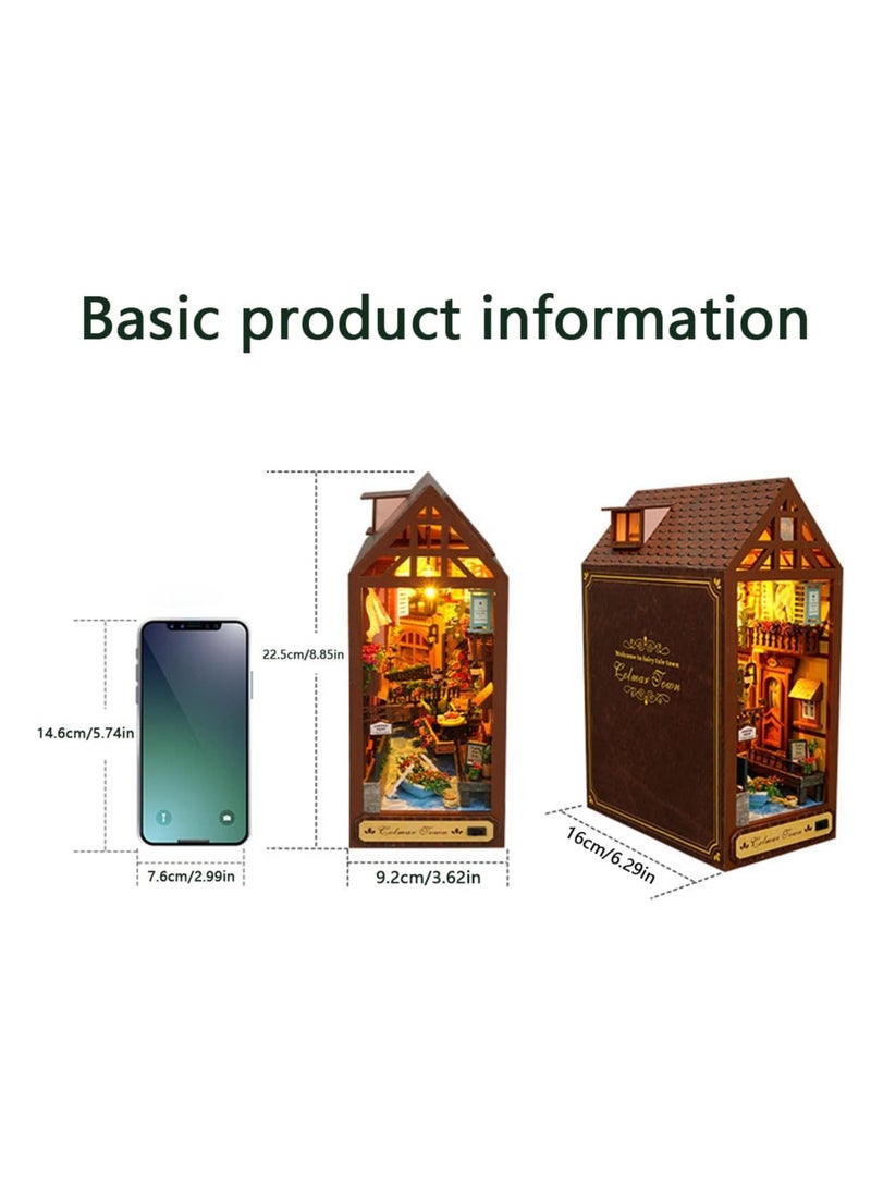 DIY Book Corner Kit, 3D Wooden Puzzle Book Corner, Decorative Bookends, Bookshelf Insert Decorative Alley with Furniture and LED Lights for Birthday Home Desk Decoration (Leisure Years) - Image 2